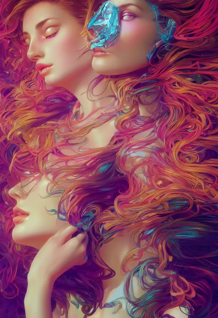 Image similar to beautiful, young woman, detailed gorgeous face, vaporwave aesthetic, synthwave, colorful, psychedelic, artstation, concept art, smooth, extremely sharp detail, finely tuned detail, ultra high definition, 8 k, unreal engine 5, ultra sharp focus, illustration, art by artgerm, greg rutkowski and alphonse mucha