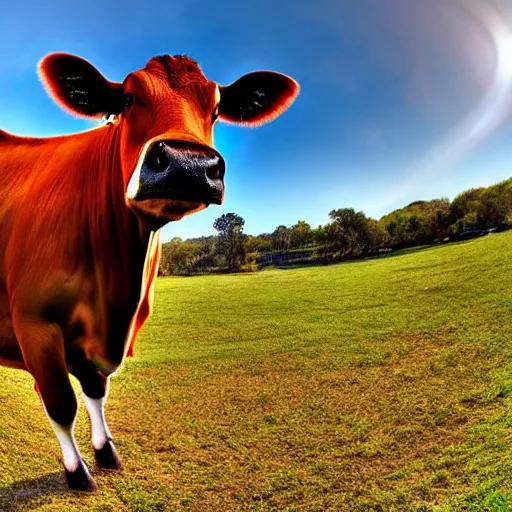 Prompt: a cow, surrounded by a ring of fire, on a sunny day, fisheye lens