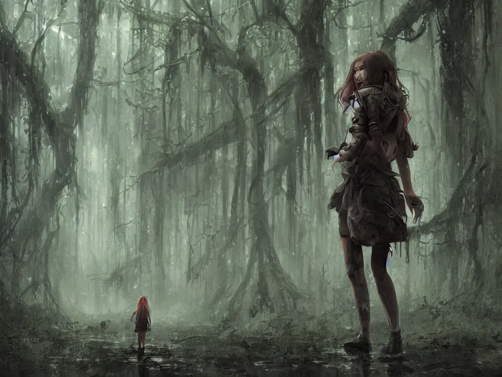 Prompt: a girl in the form of a hunter walking through a rain forest, gloomy picture, illustration, highly detailed, digital painting, concept art, art by wlop, masterpiece