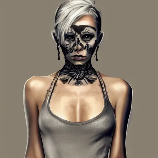 Prompt: Hot young woman, grey skinned, void eyeballs, white hair, tattoos, wearing leather jacket and wifebeater tank top, digital art, concept art, 4k,