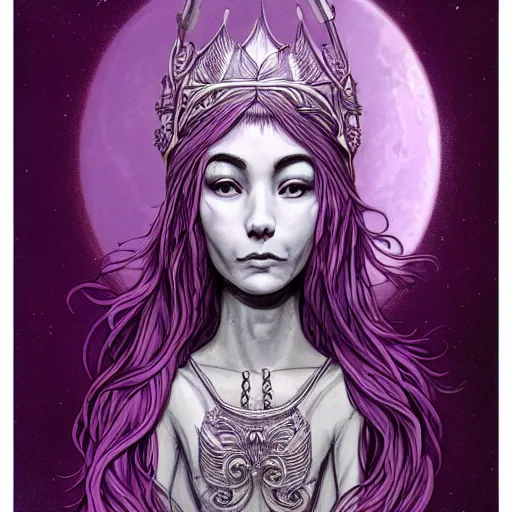 Prompt: portrait of young mighty prophetess of the moon, silver filigree armor and tiara, moon above head, purple wavy hair, translucent skin, large striking eyes, beautiful! coherent! by brom, by junji ito, strong line, high contrast, muted color