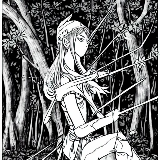 Prompt: female elven archer in forest, manga line art style, black and white art, by Eiichiro Oda