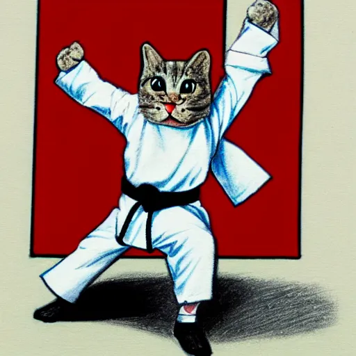 Image similar to drawing of a humanoid cat wearing a karate uniform in fighting pose