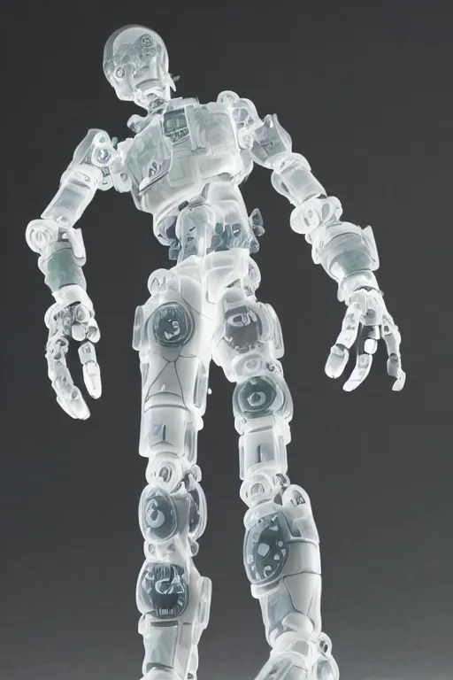 Prompt: a intricate anime figurine that looks like a transparent plastic robot with fluo colored details, fog all around, moody light