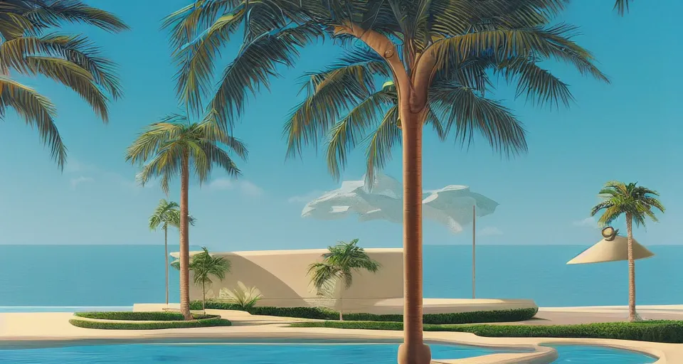 Image similar to perfume bottle in a contemporary oasis with palm trees, hiroshi nagai, matte painting, artstation, concept art