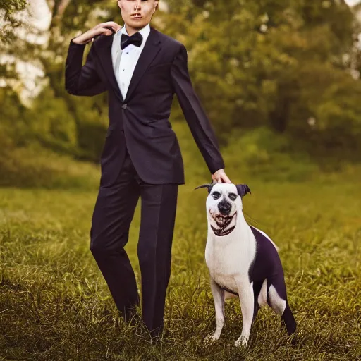 Image similar to high quality fashion portrait photography of dog wearing suits from national geographic award, vogue magazine, elle magazine, studio lighting, rule of third