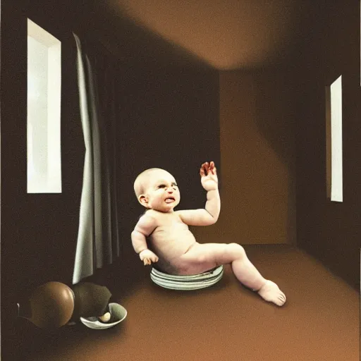 Prompt: a ugly baby sitting in floor inside a dark house, surrealism - n 9