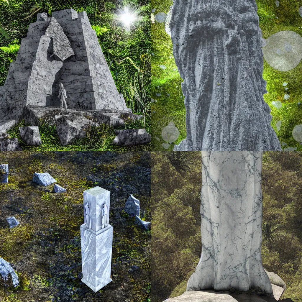 Prompt: marble monument of astronaut covered by lichen in jungles and mountains and pyramids, detailed, digital art, matte