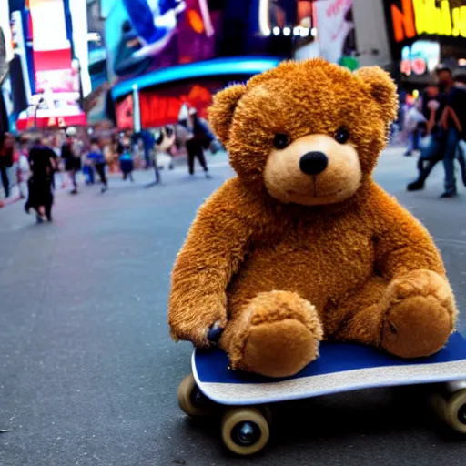 Image similar to A photo of a teddy bear on a skateboard in Times Square