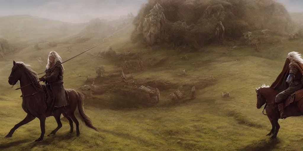 Prompt: Gandalf riding a horse at Hobbiton in the evening, detailed matte painting, cinematic, Alan Lee, Artstation