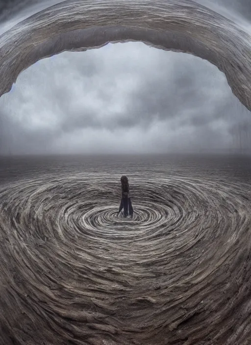 Image similar to the expansion of self realization while tipping hallucinogenic dmt, space and time bending into a vortex of subjective reality, event horizon from within, sean yoro, zdzisław beksinsk