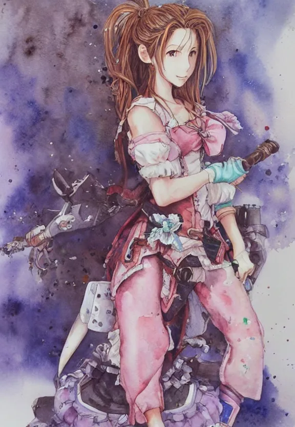 Image similar to a full - body watercolor painting of aerith gainsborough!!!!!! by yoshitaka amano, highly detailed, intricate, trending on artstation, award - winning