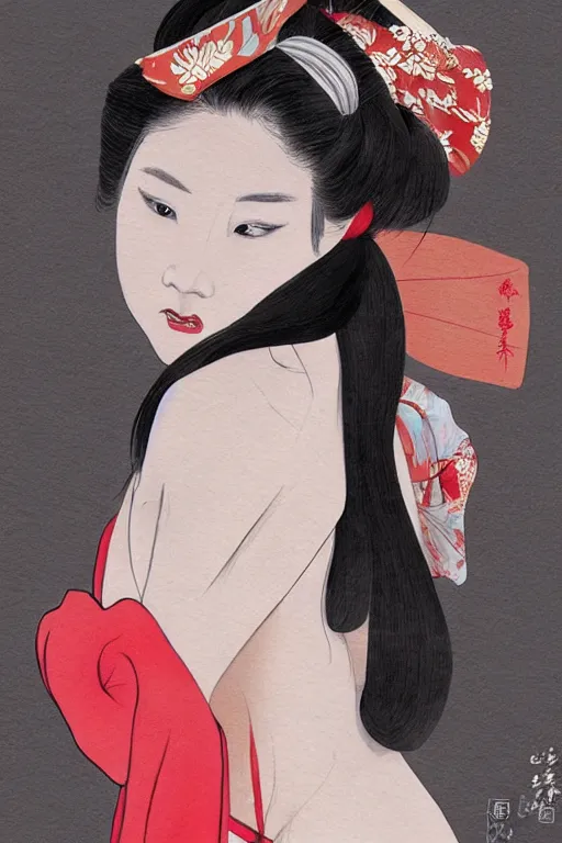 Image similar to extremely sensual geisha full body, one uncovered shoulder, different point of view, digital art, 8k, character, realistic, portrait, photorealism, japan watercolour, masterpiece art