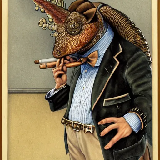 Prompt: Portrait of an anthropomorphic Armadillo crime boss smoking a cigar and wearing an eyepatch. Very high quality. Drawn by James Christensen
