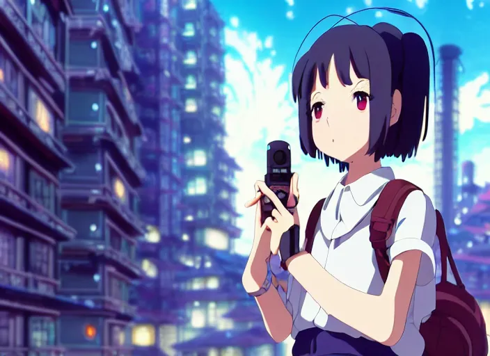 Prompt: anime fine details portrait of joyful school girl stay in front of cyberpunk futuristic city, nature, bokeh, close-up, anime masterpiece by Studio Ghibli. 8k, sharp high quality classic anime from 1990 in style of Hayao Miyazaki