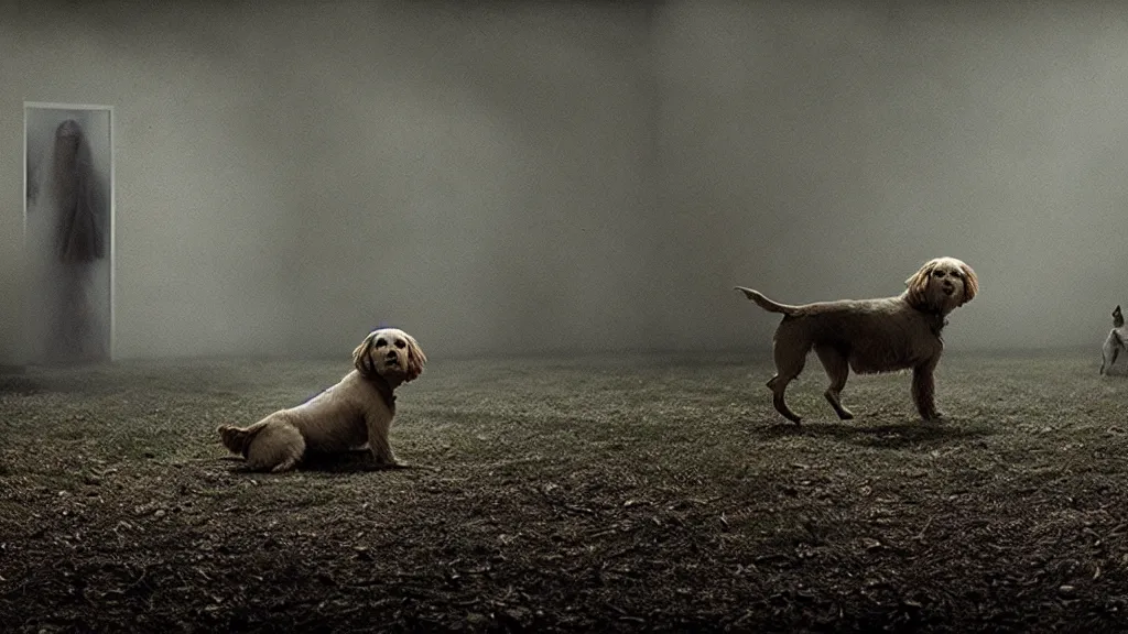 Prompt: the dog who waits outside, film still from the movie directed by denis villeneuve and david cronenberg with art direction by salvador dali and zdzisław beksinski, wide lens