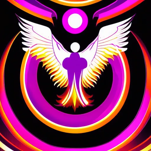 Image similar to white phoenix on flames orange purple background stylised poster art neat graphic design style holistic