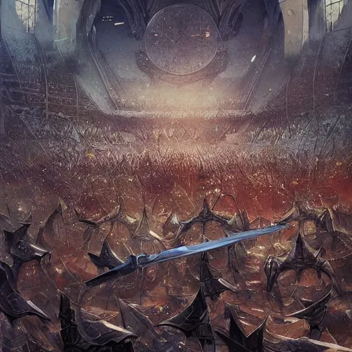 Image similar to a pile of swords in an arena, fantasy, digital art, by artgerm and greg rutkowski