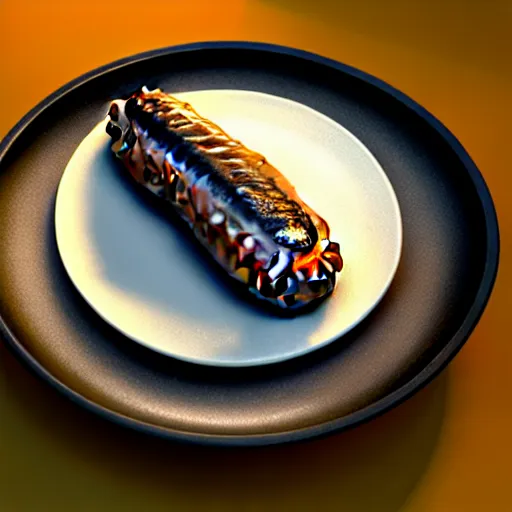 Image similar to realistic 3 d unreal engine render of a half fish half sausage alone on a plate, fish fins on a sausage