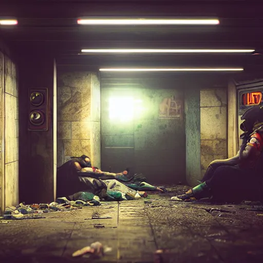 Prompt: abandoned underground subway homeless filthy horror slum low light sadness lonely. Cyberpunk 2077. CP2077. 3840 x 2160