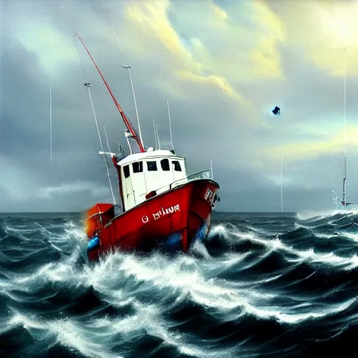 Prompt: uk fishing trawler, fishing boat, hyper realistic, very accurate, stormy seas, wide view