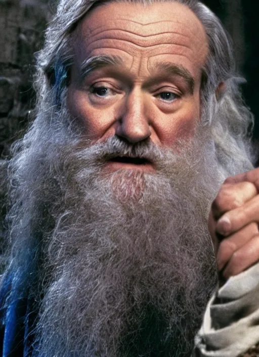 Image similar to film still of Robin Williams as Albus Dumbledore in Harry Potter and the Chambre of Secrets, 4k