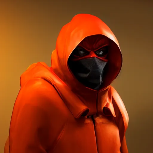 Image similar to hooden villain wearing a red oni mask, orange hazmat suit, dark background, unreal engine 5, ultra realistic, detailed, fog, volumetric lighting, by greg rutkowski,