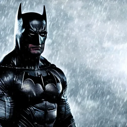 Prompt: Dwayne Johnson as Spiderbatman , under rain, dramatic, sad ambience, an film still