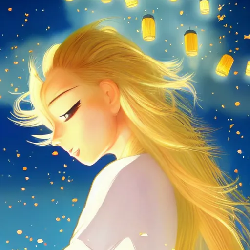 Prompt: a beautiful blonde girl with hair blowing in the wind, in a garden of lanterns and fireflies, children's book illustration in realistic pixar style and anime style by don bluth, hayao miyazaki of studio ghibli, and ross tran