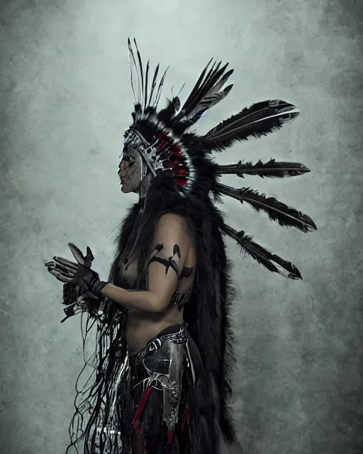 Image similar to lady native sisters ghost - spirit of the grim - warpaint wears the scarlet skull armor and native blood headdress feathers, midnight fog - mist!, cinematic lighting, various refining methods, micro macro autofocus, ultra definition, award winning photo, photograph by ghostwave - gammell - giger - shadowlord