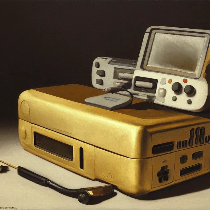 Image similar to still life painting of a nintendo 6 4 by pieter claesz, oil on canvas, strong lighting, highly detailed, hyper realism, golden hour, god rays, hd, 4 k