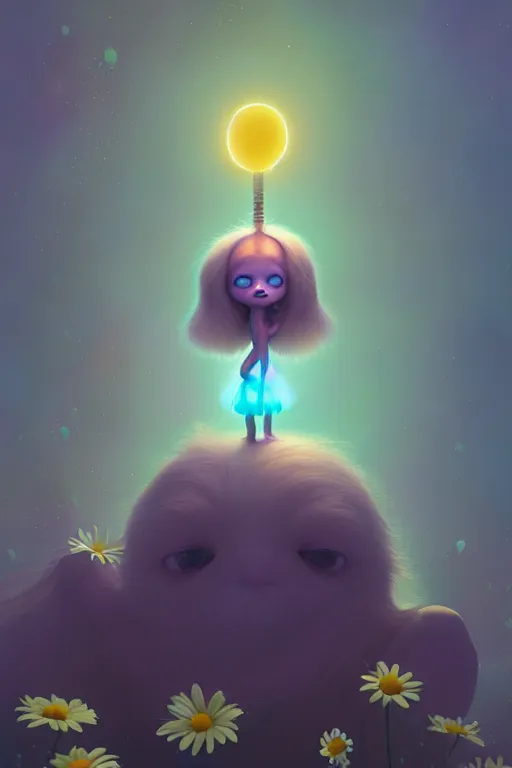 Image similar to a surreal Bioluminescent, very very very cute daisy in a happy world by Daniel Merriam, Trending on Artstation, oil on Canvas by Elena Zhurikhina and Goro Fujita and Charlie Bowater, octane render, 4k, 8k, HD