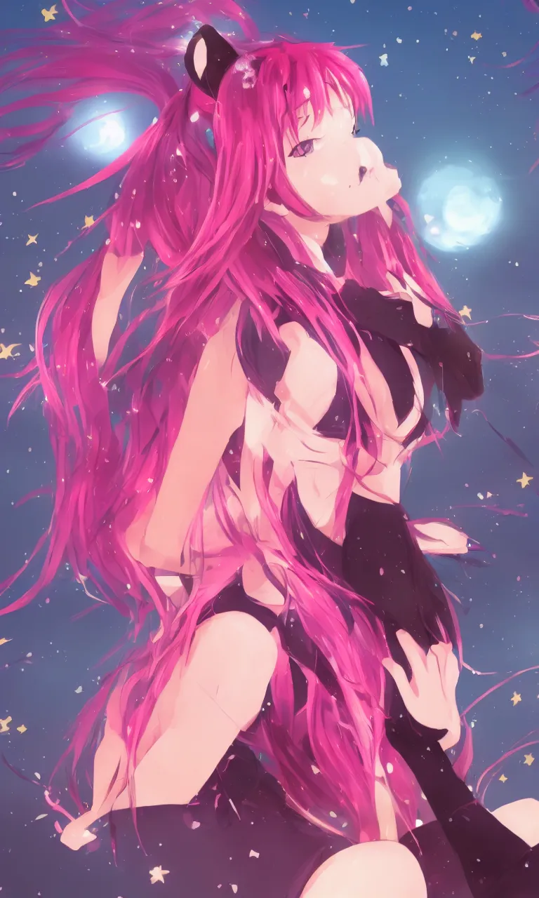 Image similar to A beautiful anime cat girl with pink hair, digital art, cgsociety, trending on artstation, sunset background with shooting stars in the sky