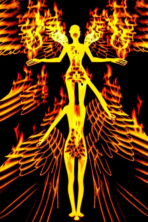 Image similar to angel with fully spread wings floating in the air surveying parched and burned forest, smoke and fire, highly intricate wings!, roots, hdr!, photorealistic,