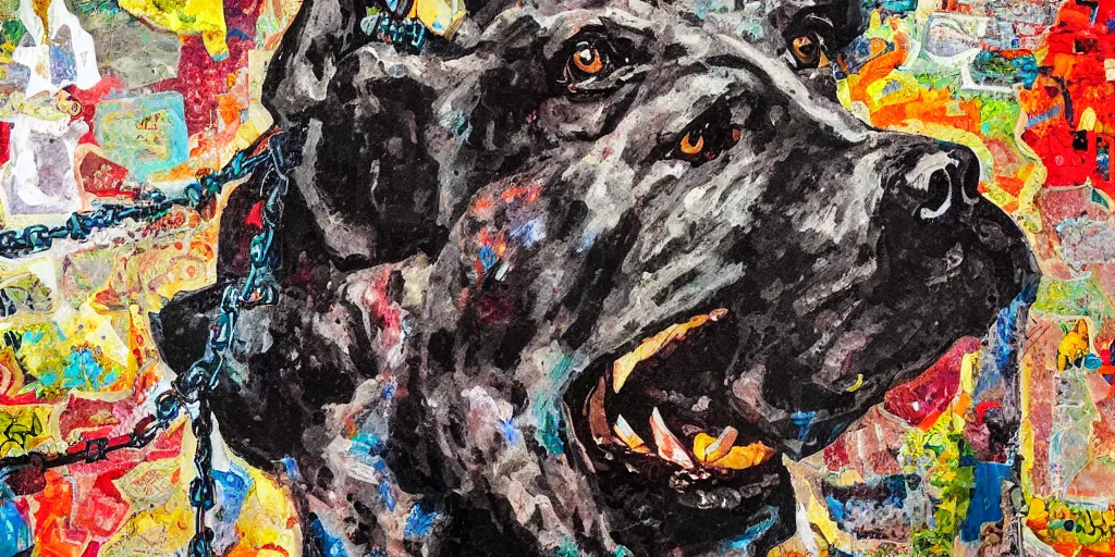 Image similar to close up portrait mad dog on a chain, collage, acrylic on canvas, expressionism movement, breathtaking detailed, by blake neubert