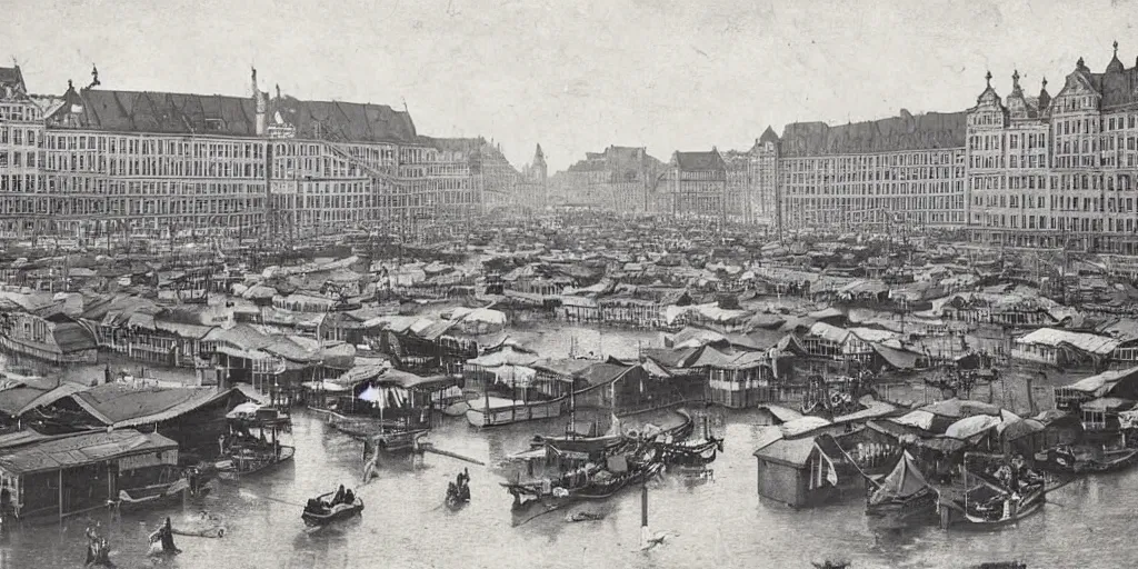 Image similar to 1 8 th century picture of the hamburg fischmarkt next to the river elbe, food stalls, vegetable stands, fishmongers, 1 9 0 0 s photography