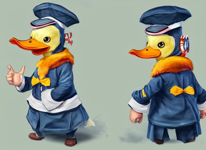 Image similar to detailed concept art of a cute iconic anthropomorphic duck character wearing a sailor suit by wlop on bcy. net, realistic. detailed feathers, art by cheng yi. artstationhd