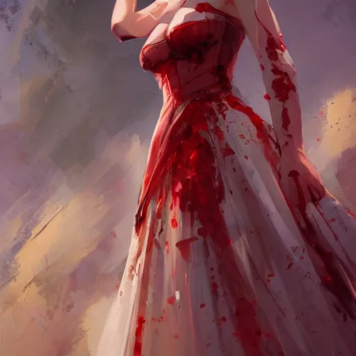 Prompt: The bride in a bloody dress, by Stanley Artgerm Lau, WLOP, Rossdraws, James Jean, Andrei Riabovitchev, Marc Simonetti, Yoshitaka Amano, ArtStation, CGSociety,