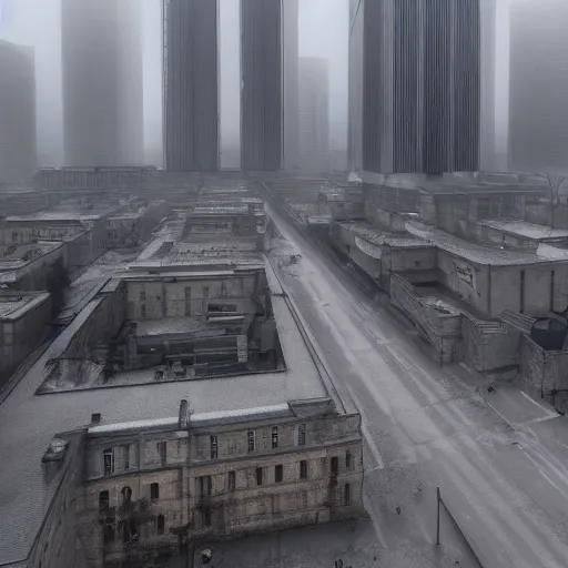 Image similar to wide - angle view of a deserted city with brutalism architecture and stone buildings with overcast and foggy weather. detailed, ultra - realistic, 4 k.