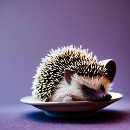 Prompt: baby hedgehog in a teacup, bokeh, sigma 5 0 mm f / 1. 4, minimalistic, 8 k
