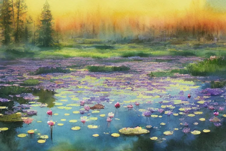 Prompt: small centered on watercolor paper, paint brush strokes, abstract watercolor painting of crystal dawn at swedish silver bog, waterlilies, sharp daylight, cinematic light, american romanticism by hans dahl, by jesper ejsing, by anders zorn, by greg rutkowski, by greg manchess, by tyler edlin