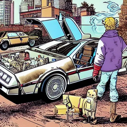 Image similar to marty mcfly is in front of a delorean time machine, style of Geof Darrow