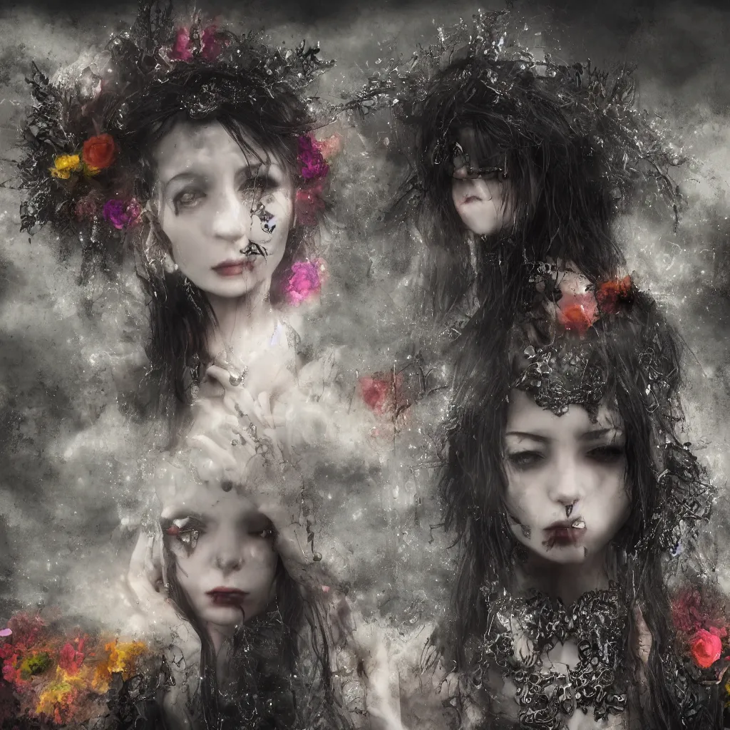 Image similar to a gothic girl of jewels in an empty land, a colorful cloud of love in the sky, dark romance, dark and mysterious, atmospheric, ominous, eerie, cinematic, epic, 8 k, 4 k, ultra detail, ultra - realistic, rendered by awesomeness