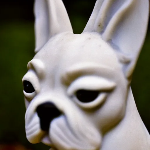 Prompt: a photo of a marble sculpture of a French bulldog, 35mm, Pentax