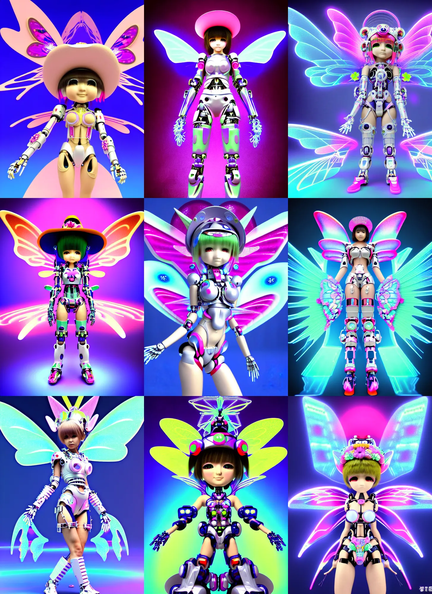 Prompt: 3 d render of chibi raver cyborg mecha fairy angel in the style of ichiro tanida wearing a big cowboy hat and wearing angel wings against a psychedelic swirly background with 3 d rendered butterflies and 3 d rendered flowers n the style of 1 9 9 0's cg graphics 3 d rendered y 2 k aesthetic by ichiro tanida, 3 do magazine