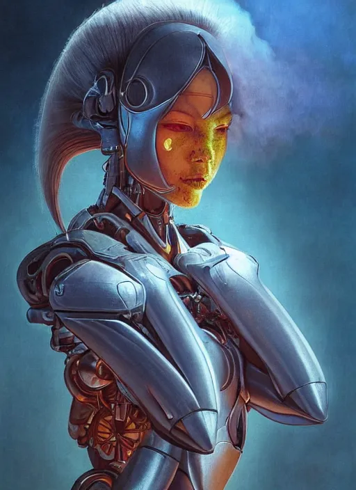 Image similar to ( ( symmetry ) ) closeup portrait of a stunning armored cyborg ai girl ( ( ( crying in tears ) ) ), ( bird in hands ), strong cinematic light, backlit, teal orange, viscous volumetric smoke, mist, by gerald brom, by mikhail vrubel, by peter elson, muted colors, extreme detail, trending on artstation, 8 k