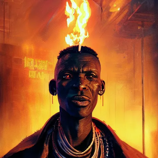 Image similar to shaka zulu as a cybperpunk gangster, eating fire in the neon ghetto, by greg rutkowski and android jones in a surreal portrait style, cyberpunk, oil on canvas, 8k