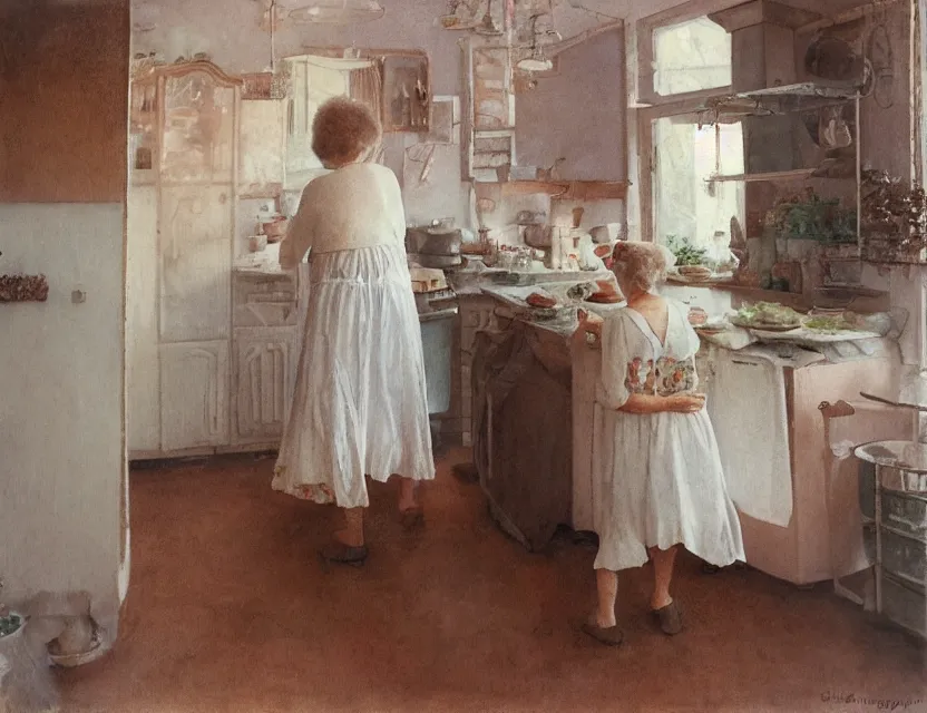 Image similar to grandmother cooking in a kitchen in country house, back view, cottage core, cinematic focus, polaroid photo bleached vintage pastel colors high - key lighting, soft lights, foggy, by steve hanks, by lisa yuskavage, by serov valentin, by tarkovsky, 8 k render, detailed, oil on canvas