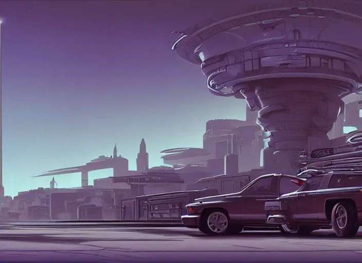 Image similar to a sport sedan truck in a future city. style by peter elson and eyvind earle.