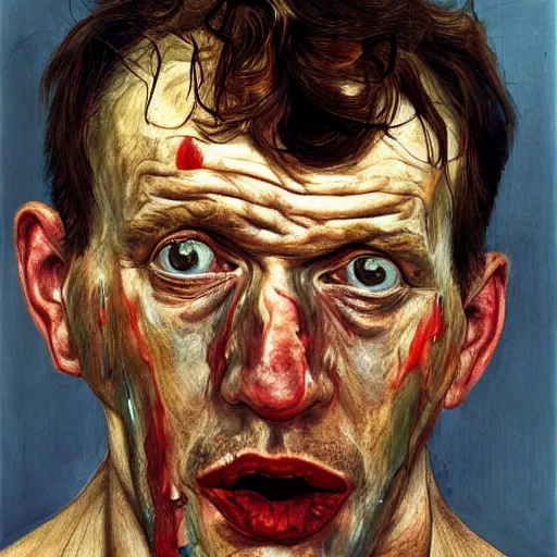 Image similar to high quality high detail painting by lucian freud, hd, man crying blood, pastel colors, photorealistic lighting